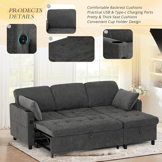 84" Fabric Pull Out Sofa Bed w/Adjustable Backrest, L-Shape Modern Sleeper Sofa w/Reversible Chaise, Upholstered Sectional Couch w/USB Port and Side Pockets for Living Room, House, Grey