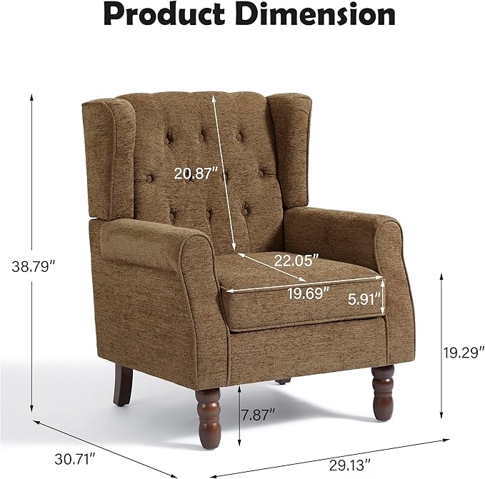 Mid-Century Modern 2-Piece Wingback Chair Set - Plush Upholstered Accent Chairs with Solid Wood Legs, High Back Lounge Seating for Living Room, Bedroom & Office - Retro Matched Pair (Creamy Brown)