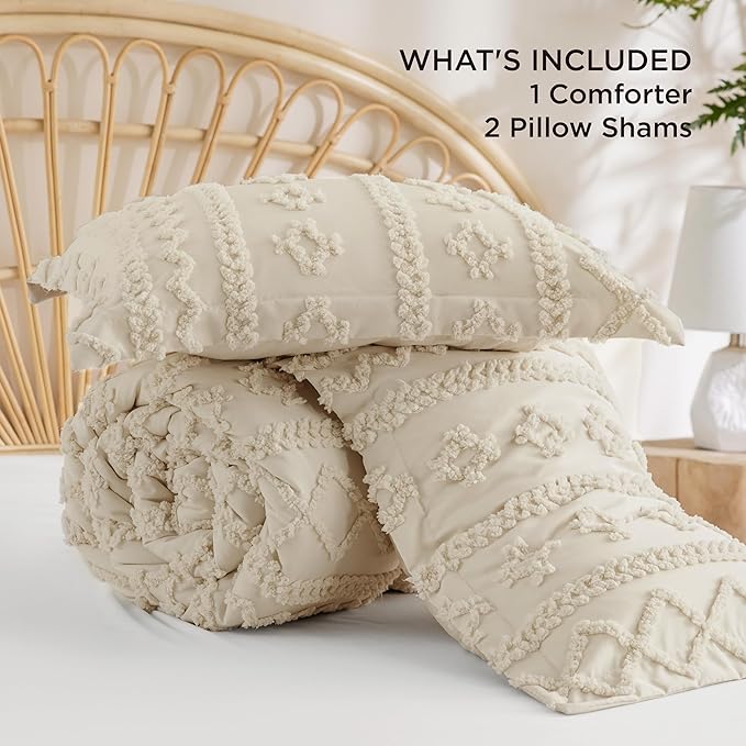 Bedsure Tufted Boho Comforter Set Oversized Queen - Beige Boho Bed Set, GentleSoft™ 3 Pieces Farmhouse Shabby Chic Embroidery Bedding, Gifts for Woman, Soft Jacquard Comforter for All Seasons