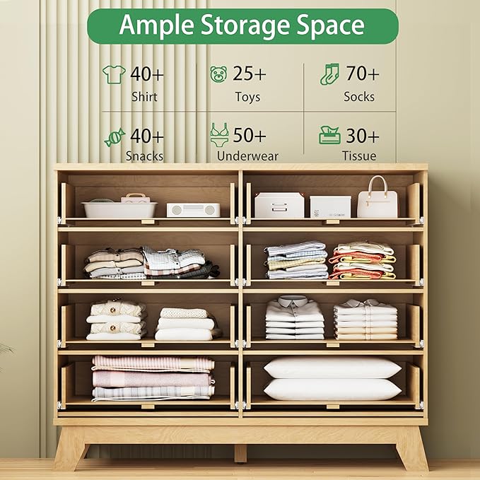 Fluted Dresser for Bedroom with 8 Drawers, 48" Wide Modern Chest of Drawers with Metal Handle, Wooden Dresser TV Stand, Wood Closet Clothes Storage Organizer for Living Room, Hallway, Natural Oak
