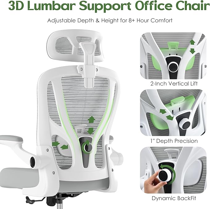 Office Chair Ergonomic Desk Chair - Mesh High Back Office Chair with Headrest Wheels Lumbar Support Home Desk Office Chairs Flip up Armrest Executive Rolling Swivel Task Computer Chair White