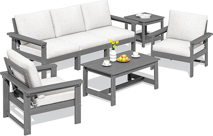 SERWALL HDPE Patio Furniture Set, 7-Piece Outdoor Sectional Sofa Set, All Weather Outdoor Couch Set for Deck, Lawn, Grey Frame with Khaki Cushion
