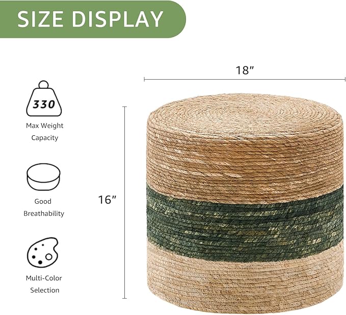 Wimarsbon 18'' Ottoman Pouf, Natural Braided Poof, Rustic Handweave Lounge Pouffe, Boho Footrest Stool for Bedroom, Accent Table for Living Room (18inch Natural Cattail + Green Corn Husk)