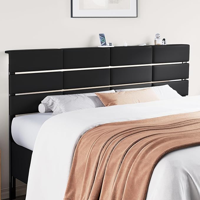 King/Cal King Size Upholstered Velvet Headboard, Adjustable Head Boards with LED Light & Charging Station, Bed Headboard Only, Attach Frame, Ideal for Bedroom, Dorm, Guest Room, Black