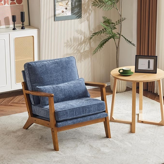 VINGLI Solid Wood Wide Armrests Accent Chair Set of 2,Upholstered Mid Century Modern Chair with Pillow,Comfy Reading Chair Farmhouse,Chairs Living Room,Bedroom,Guest Room,Chenille Fabric,Dark Blue
