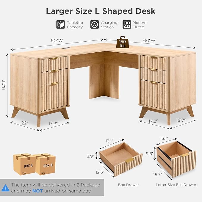 T4TREAM 60'' Fluted Executive L Shaped Desk, Modern Home Office Desk with Charging Station and File Drawer, Computer Corner Desks with Drawers & Storage Cabinet for Office Home, Bedroom, Natural Oak