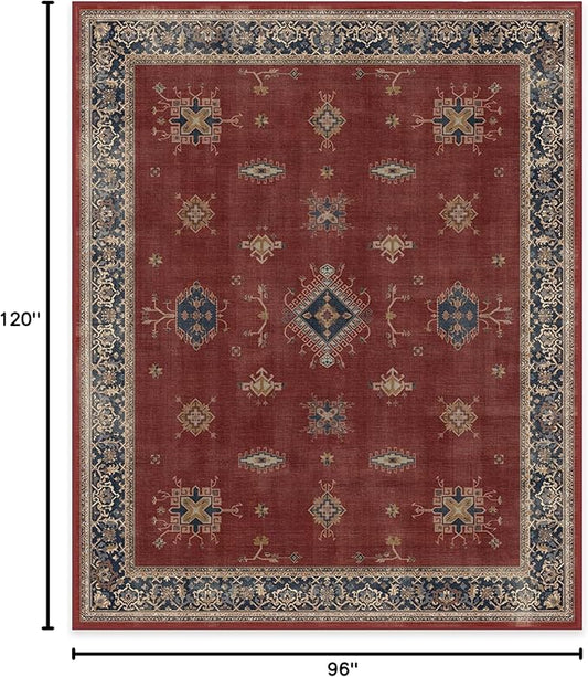 RUGGABLE Washable Vintage Area Rug – Verena Amber Red 8x10, Stain-Resistant, Non-Slip – Large Machine Washable Rugs for Living Room, Bedroom, Hallway, Entryway & Office–with Standard Pad