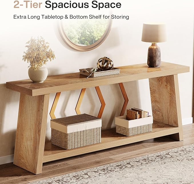 Tribesigns 70.86-Inch Extra Long Console Table for Living Room, 2-Tier Sofa Table Behind Couch with Storage, Wooden Console for Entryway Hallway, Light Oak Brown