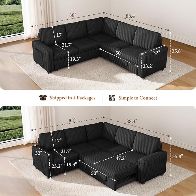 Vesgantti 88.4" Sectional Sleeper Sofa with Pull Out Bed, 5 Seater L Shaped Modular Sectional Couch with Storage, Comfy Corduroy Modular Couch for Living Room, Bedroom, Apartment, Black