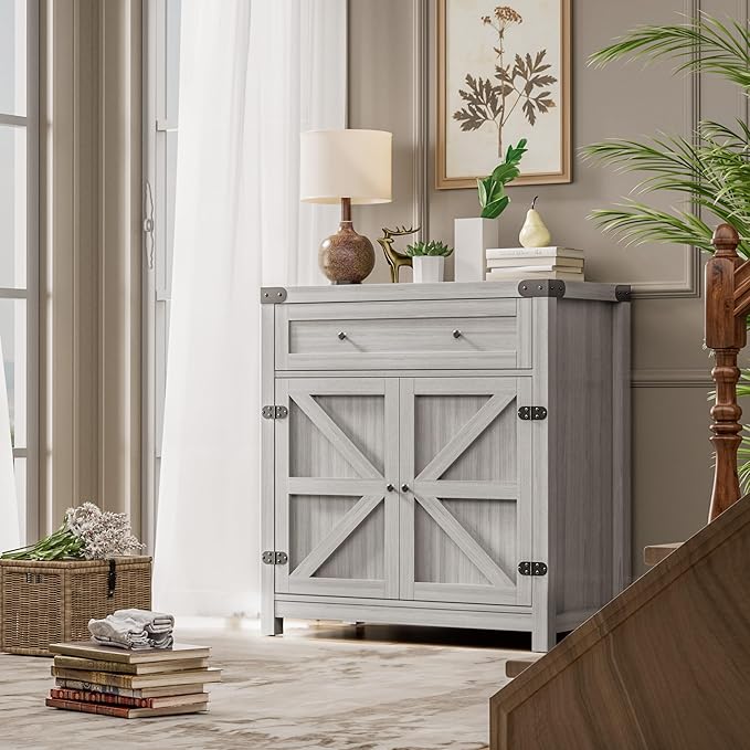 JUMMICO Coffee Bar Cabinet Farmhouse Kitchen Sideboard Buffet Cabinet with Drawer and Adjustable Shelf Barn Door Storage Cabinet for Kitchen, Dining Room, Bathroom, Entryway (Ash Grey)
