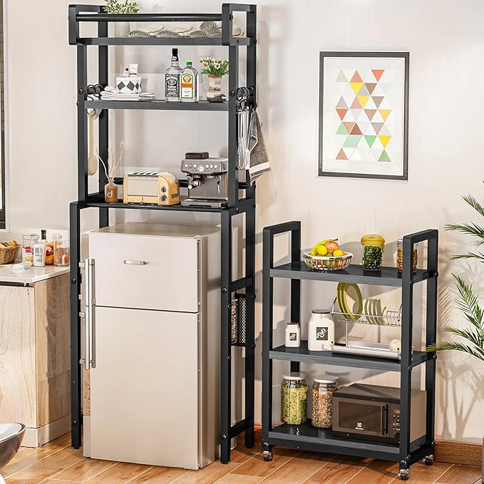 Recaceik 6-Tier Over The Toilet Storage Shelf with Cart, Freestanding Above Toilet Shelf Rack, Farmhouse Bathroom Organizer Shelves, Space Saver (Black)