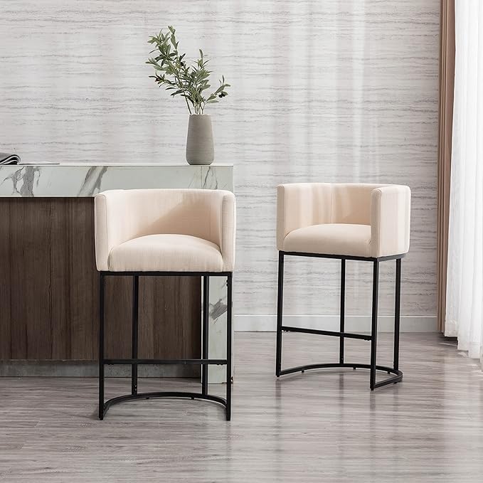 Contemporary Cream Linen Bar Stool, 29" Upholstered Fabric Counter Height Barstool Kitchen Counter Island Stool with Black Metal Base