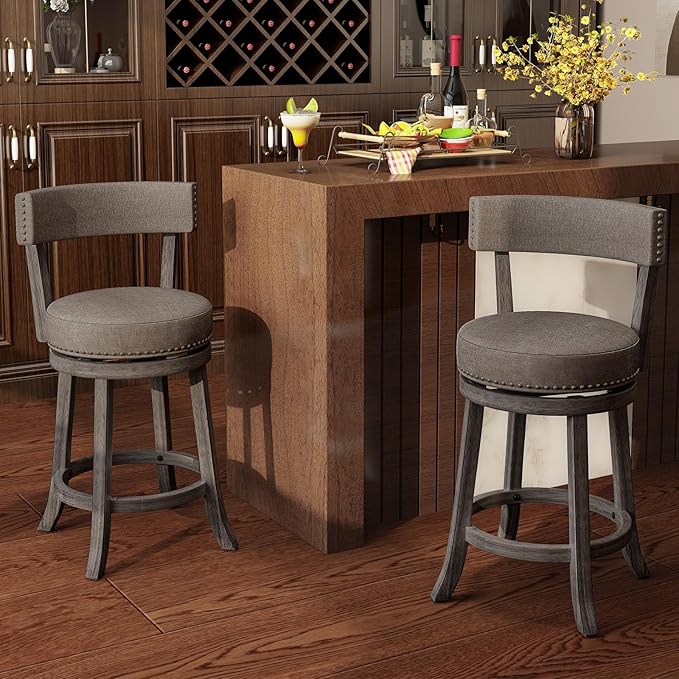COSTWAY Bar Stools Set of 2, Upholstered Farmhouse Bar stools w/Cushioned Seat & Backrest, Solid Wood Legs, Footrest, 26” Counter Height Swivel Stools for Kitchen Island, Pub (2, 26'' Seat Height)