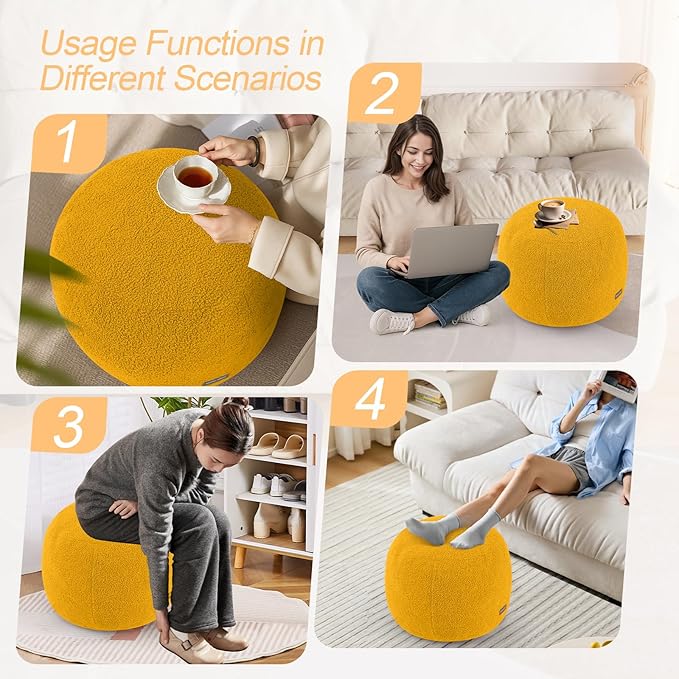 MeMoreCool Stuffed Round Pouf Ottoman Foot Rest, Floor Pouf Foot Stool with Soft Foam Chunk Filling, Small Round Ottoman Footstool Circle Footrest for Living Room, Yellow