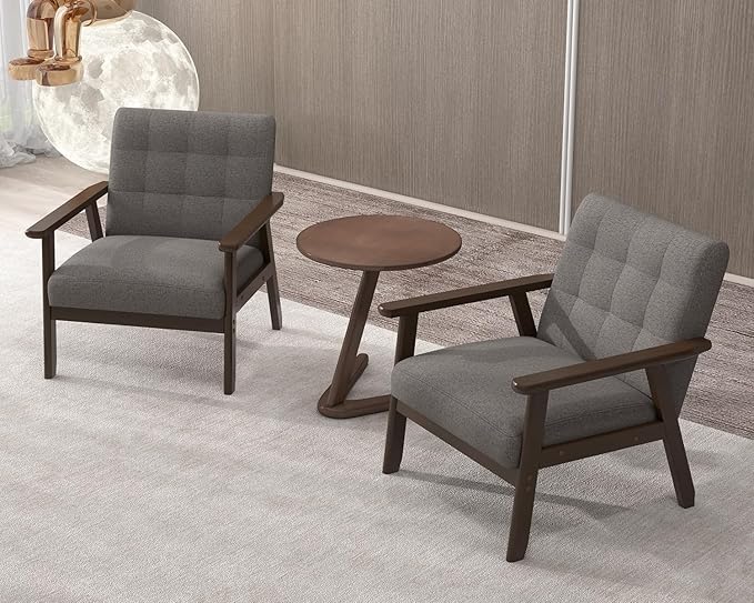 Modern Accent Chair with Wooden Table, Upholstered Linen Fabric Leisure Side Chair with Arm Rest and Wooden Frame for Living Room, Bedroom Reading (Gray)