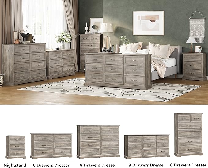 8 Drawer Dresser for Bedroom, 53" Wide Wooden Chest of Drawers, Rustic Farmhouse Dresser with Large Drawers & Metal Handles, Modern Storage Organizer for Closet, Living Room, Hallway, Grey