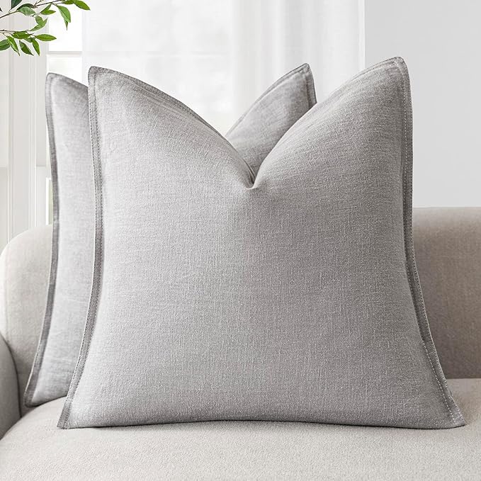 Foindtower Pack of 2, Decorative Linen Soild Throw Pillow Covers Soft Accent Cushion Case Boho Farmhouse Pillowcase for Chair Couch Sofa Bedroom Living Room Home Decor 22 x 22 Inch Light Rustic Gray