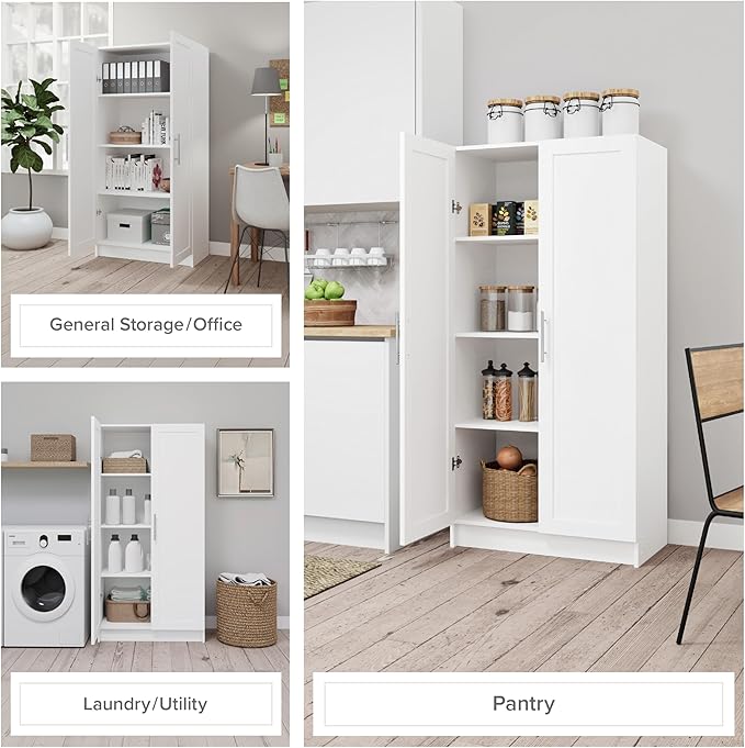 Prepac Elite 65" Tall Storage Cabinet with Panel Doors, Double Door Wood Kitchen Pantry, Dining Room Cupboard with 2 Adjustable and 1 Fixed Shelf, Free Standing Living Room Accent Cabinet, White