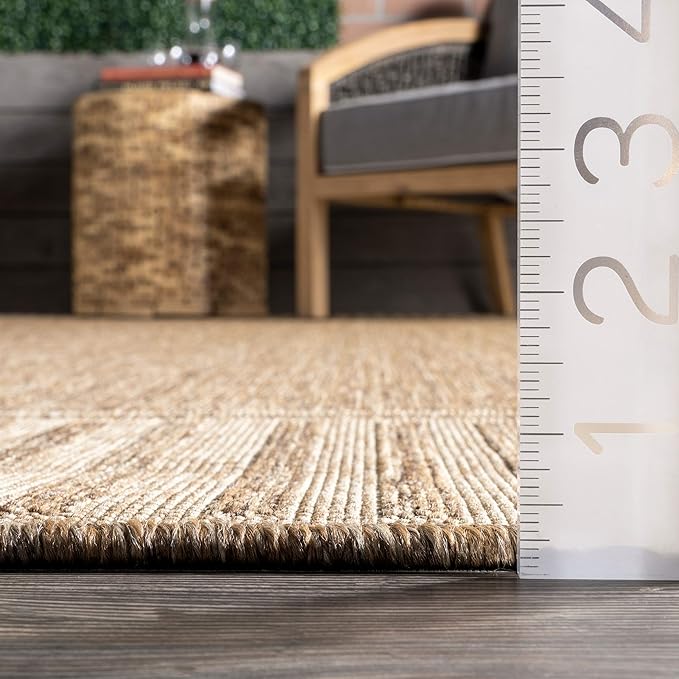 nuLOOM 4' x 6' Outdoor Area Rug, Casual Design With Striped Border, Stain Resistant, Highly Durable, For Patio, Balcony, Bedroom, Living Room, Dining Room, Bathroom, Light Brown