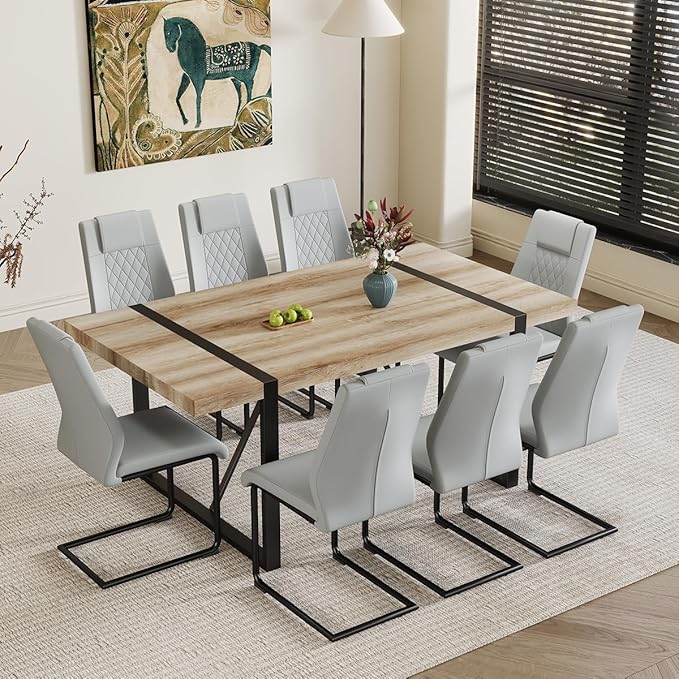 9 Piece Dining Table Set,Dining Room Table Set for 8,71'' Kitchen Table and PU Leather Chairs Set of 8,8 Chair Dining Table Set for Kitchen Dining Room