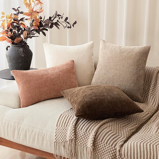 Foindtower Pack of 2 Soft Textured Chenille Throw Decorative Pillow Covers Square Accent Solid Cushion Cover Neutral Lumbar Pillow Case for Couch Sofa Bedroom Living Room 12x24 Inch,Dusty Pink