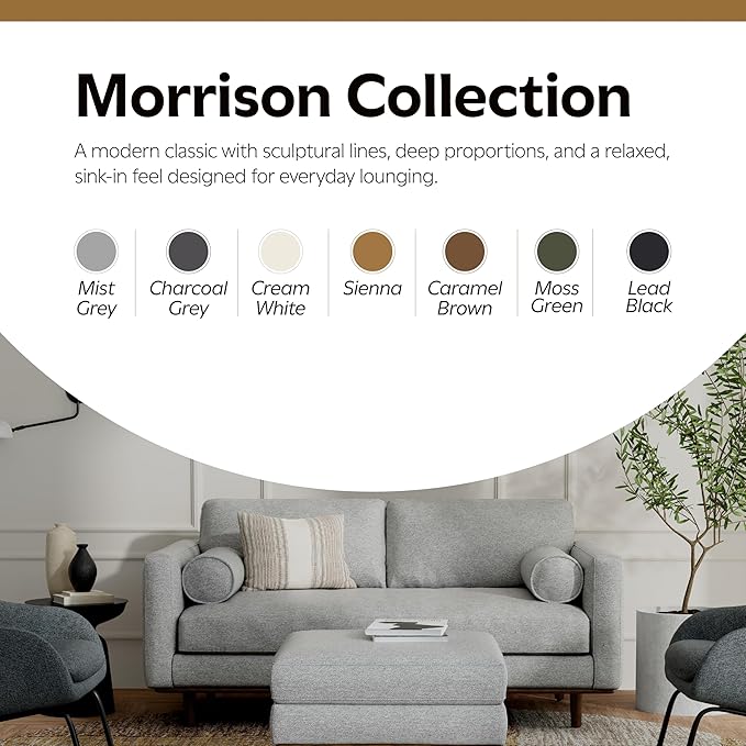 SIMPLIHOME Morrison 72-inch Wide Sofa in Mist Grey Woven-Blend Fabric, Handcrafted Mid-Century Modern Loveseat for Living Room or Family Room, Single Bench Cushion, Bolster Pillows