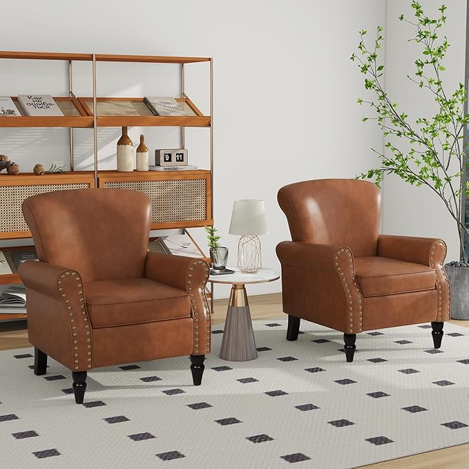 Accent Chair, Mid Century Modern Faux Leather Arm Chair with Wood Leg for Living Room, Bedroom, Comfy PU Leather Club Reading Chairs with Wingback & Nailhead Trim (Leather Brown, Set of 2)