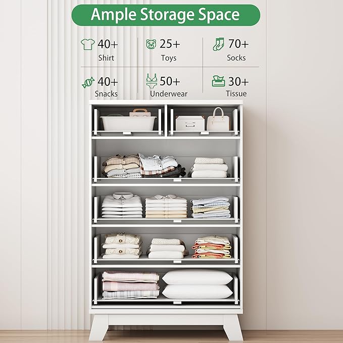 Fluted Dresser for Bedroom with 6 Drawers, 46" Tall Modern Chest of Drawers with Metal Handle, Wooden Dresser TV Stand, Wood Closet Clothes Storage Organizer for Living Room, Hallway, White