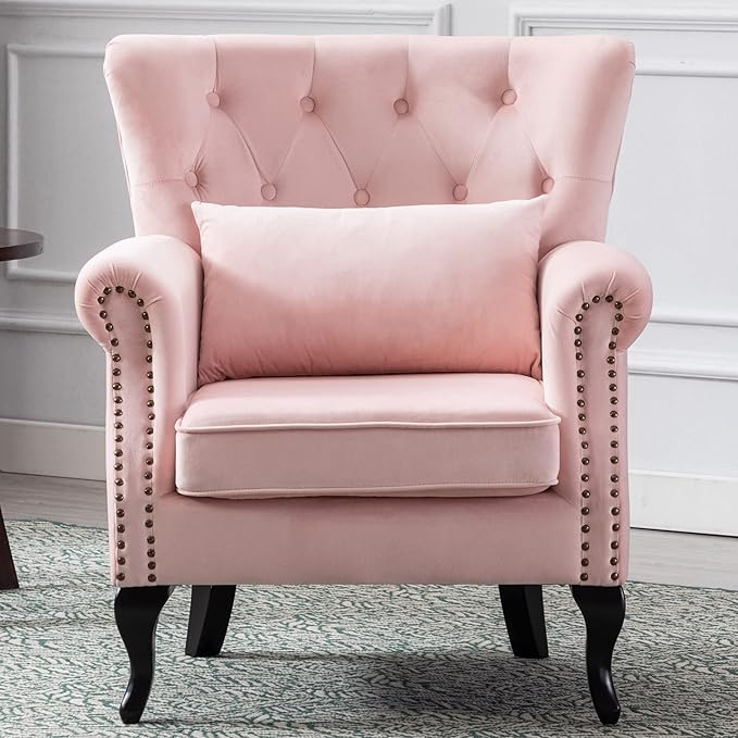 Mid Century Modern Accent Chair Upholstered Armchair Comfy Velvet Fabric Single Sofa with Tufted Wingback for Small Spaces Bedroom Living Room, Pink