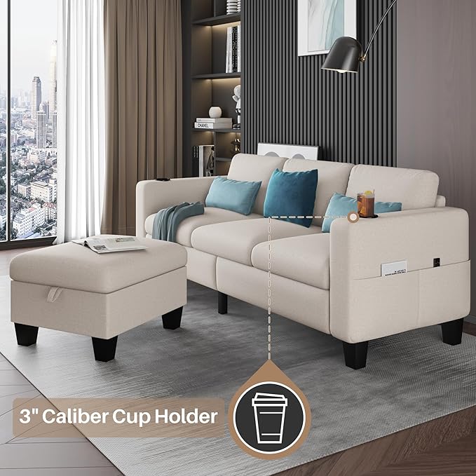 Youmumeub Couches for Living Room-Convertible Sectional Sofa, L-Shape Linen Fabric Sofa Couch with Storage Ottoman, Suit 3-Seats Sofa for Small Living Room and Apartment-Beige(USB+2 Cup Holder)