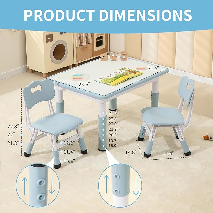 Toddler Table and 2 Chairs, Height-Adjustable Kids Table and Chairs Set, 31.5''L x 23.6''W Children Activity for Boys and Girls Aged 3-8