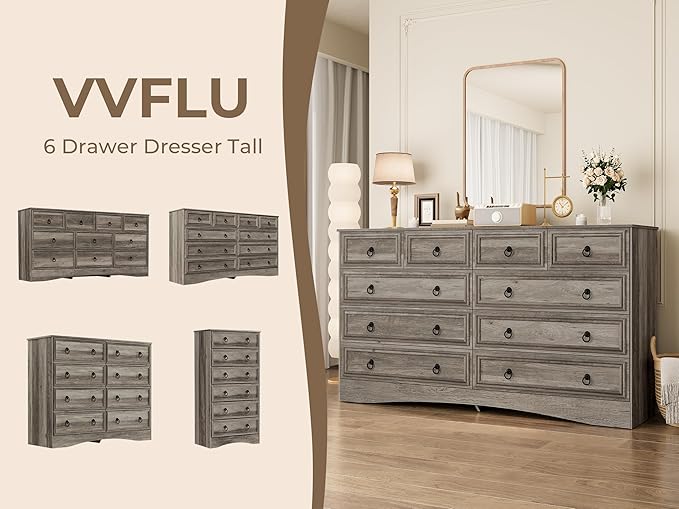 10 Drawers Dresser for Bedroom, 55.2 Inch Wide Large Dressers & Chests of Drawers, TV Stand for 65 inch, Storage Organizer Furniture, Hallway, Entryway, Closet, Brownish Grey