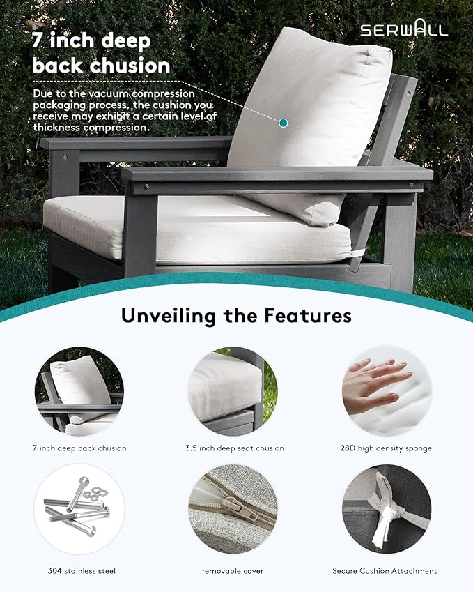 SERWALL Outdoor Patio Sofa Set, 2-Piece HDPE Single Seat Outdoor Sofa Chair with Padded Cushions, Black Frame with Beige Cushion