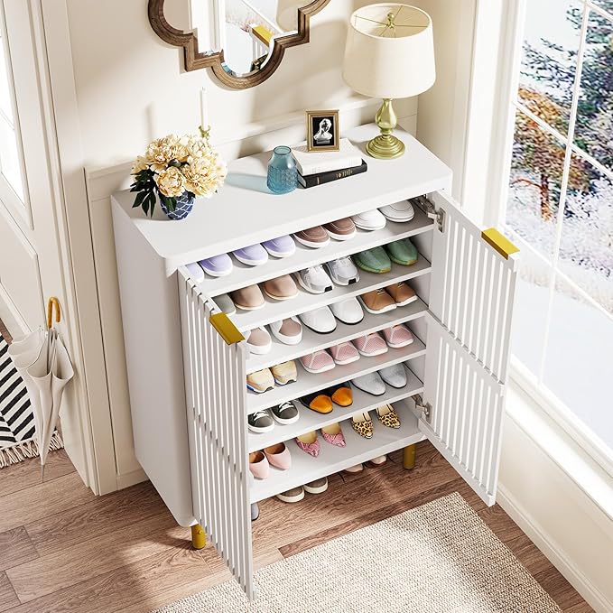 Tribesigns 6-Tier Shoe Cabinet with Shutter Doors, Large Wooden Shoe Organizer Rack with Adjustable Shelves, Modern Farmhouse Hidden Storage Furniture for Entryway, Hallway (White)