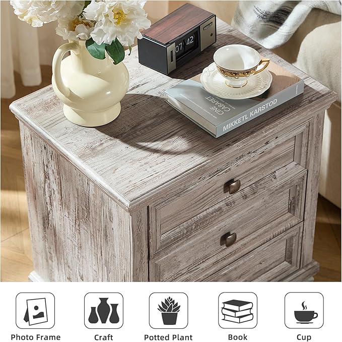 Farmhouse Nightstand Set of 2, Rustic Accent End Table with 3 Drawers & 4 Square Solid Wood Legs, Vintage Bed Side Table with Storage, Small Dresser for Bedroom, Living Room, Grey