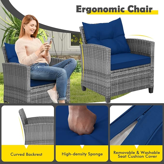 Tangkula 3 Pieces Patio Furniture Set, Outdoor PE Rattan Conversation Chair Set with Tempered Glass Side Table and Removable Cushions, PE Wicker Chairs and Table Set for Porch, Balcony and Garden