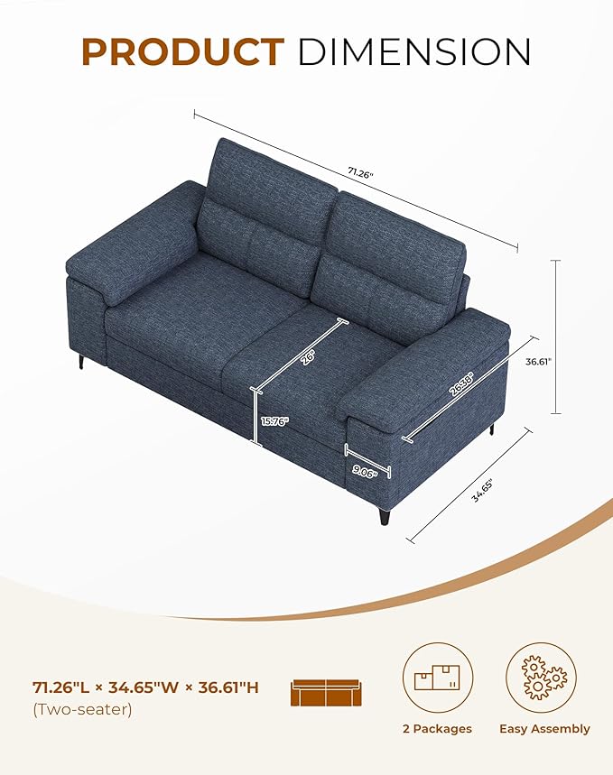 71.25" Modern Sofa Couch for Living Room, Deep Seat Sofas with 8”Cushion, Comfy 2-Seater Chenille Loveseat with Convertible Armrest, Removable Sofa Cover, High Leg(Blue)