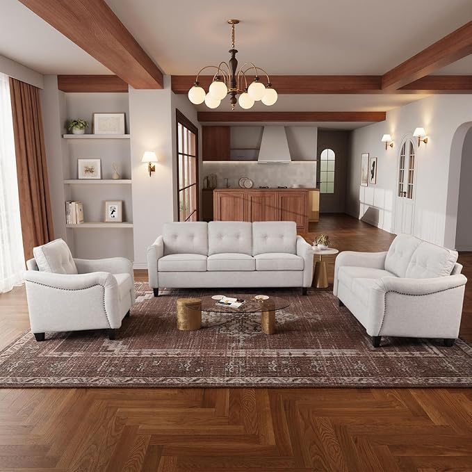 3 Piece 6-Seater Living Room Sofa Set, Modern Upholstered 3-Seater Sofa, Loveseat & Armchair, Handmade Nailhead Trim, Ergonomic Deep-Seat Couch for Living Room (Beige, Rolled Arm)