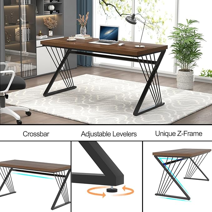 FOLUBAN Office Desk, Modern Wood and Metal Home Desk, Writing Study Work Desks for Bedroom, Industrial PC Gaming Table for Living Room, Walnut, 60 Inch