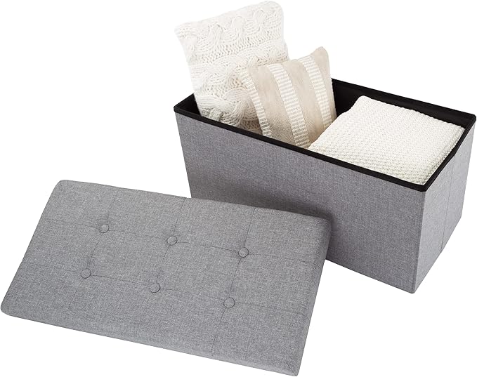 Lavish Home Set of 2 Ottomans - 30-Inch Tufted Footrest, Linen Chest, or Bench Set with Removable Bin for Living Room, Bedroom, or Dorm (Light Gray)