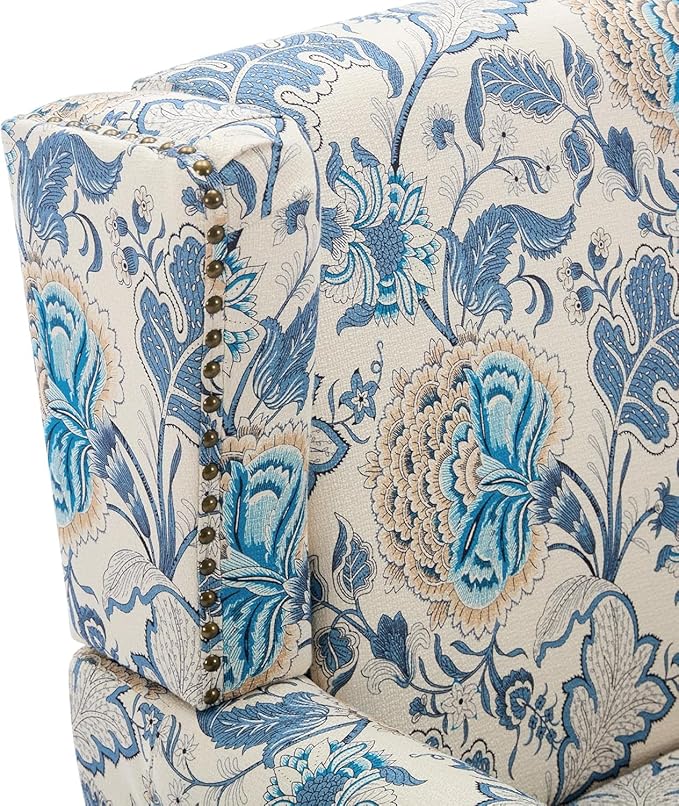 UIXE High Back Floral Accent Chair, Fabric Upholstered Armchair Wingback Arm Chair for Living Room, Nailhead Trim Single Sofa Bedroom Side Reading Seat with Retro Solid Wood Legs - Boho Blue