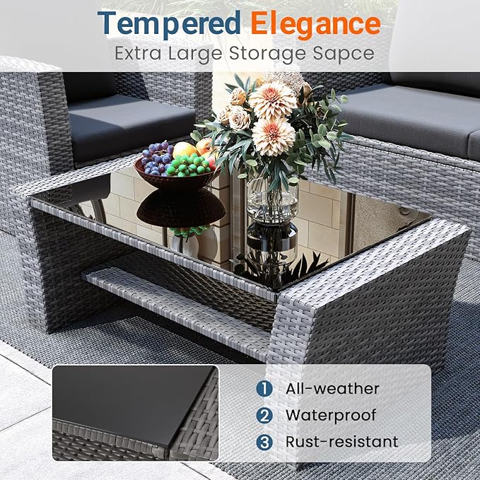 Wisteria Lane 4 Piece Patio Furniture Set, Wicker Outdoor Patio Conversation Furniture Set, All Weather Outdoor Patio Sofa with Cushion and Glass Table, Dark Grey