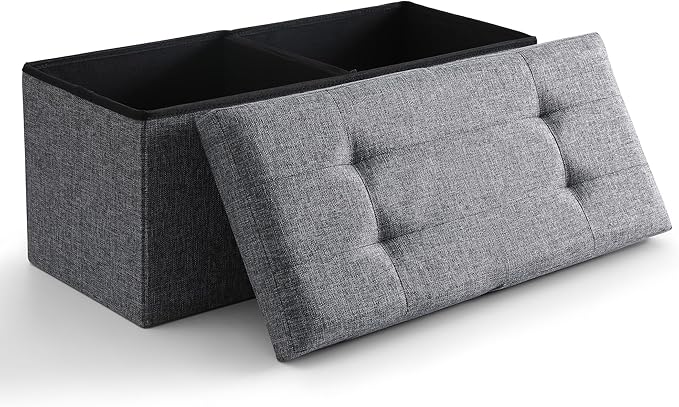 CUYOCA Storage Ottoman Bench Foldable Seat Footrest Shoe Bench End of Bed Storage with Flipping Lid, 75L Storage Space, 30 inches Linen Fabric Dark Grey