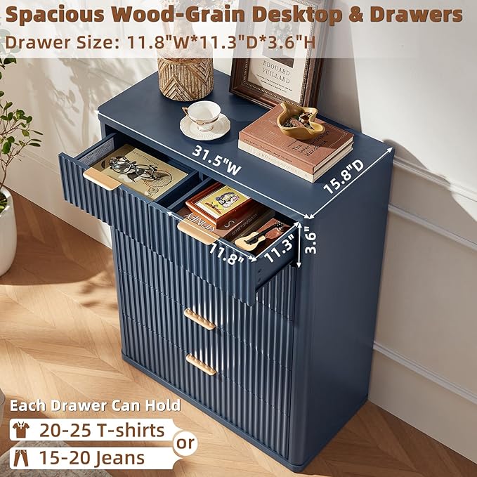 LEYAOYAO Fluted 6 Drawers Dresser for Bedroom Set of 2, 42" Tall Modern Chest of Drawers with Metal Handle, Curved Profile Design,Blue Wood Drawer Organizer for Bedroom, Living Room, Hallway
