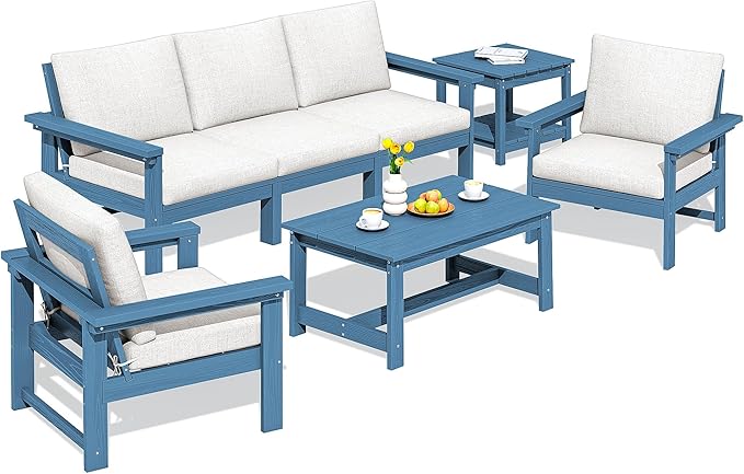 SERWALL HDPE Patio Furniture Set, 7-Piece Outdoor Sectional Sofa Set, All Weather Outdoor Couch Set for Deck, Lawn, Blue Frame with Khaki Cushion
