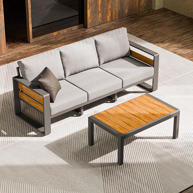 ZANDOR Aluminum Outdoor Patio Furniture - 1 Pcs 3-Seat and Coffee Table, All-Weather Metal Modern Outside Furniture with Washable Thick Cushion for Garden/Backyard/Porch, Grey