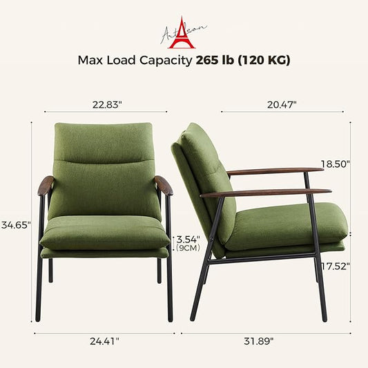Art Leon Accent Chairs Set of 2-Mid Century Modern Accent Chairs Fabric Reading Bedroom Chair Armchair Wooden Arms Metal Frame Living Room Chair for Bedroom, Green