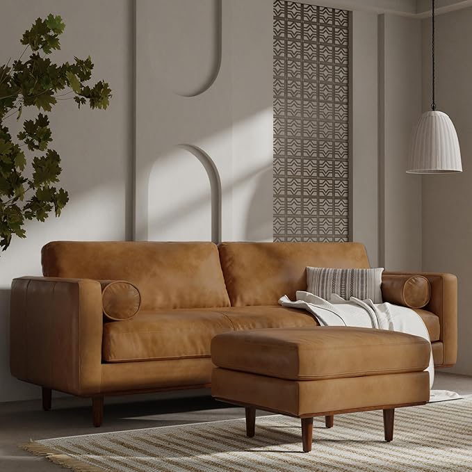 SIMPLIHOME Morrison 89-inch Wide Sofa in Sienna Top Grain Genuine Leather, Mid-Century Modern Design Couch for Living Room, Single Bench Cushion, 2 Back Cushions, 2 Bolster Pillows