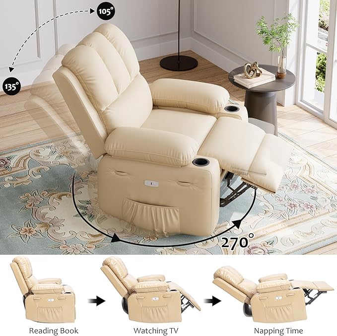 27" Oversized Power Recliner Chair, Faux Leather Rocking Chair with Heat & Massage, 360° Swivel Modern Electric Recliner with Cup Holder & USB Charging for Living Room, Bedroom, Nursery - Beige