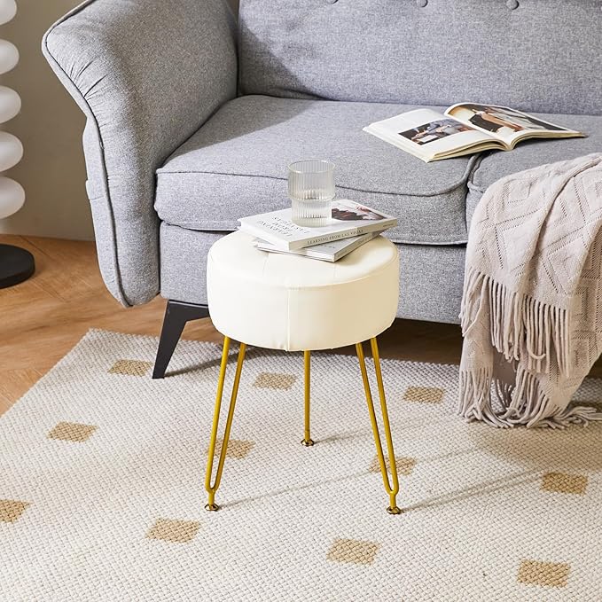 IBUYKE Faux Leather Round Footrest Stool, Makeup Vanity Stool Side Table, PU Dressing Table Seat, Pouf Couch Stool, Golden Steel Legs, White LG-31W